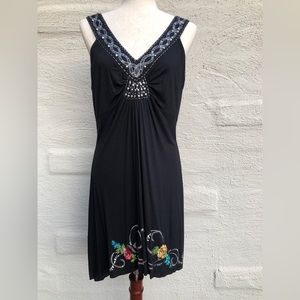 Krista Lee Embroidered, Embellished Black Rayon Dress. Size- L.